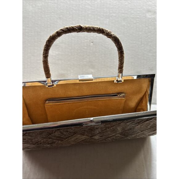 Vintage Metal Framed Clutch Brushed Earth Tone Material Yellow Velvet Lined 1950 - Picture 5 of 9